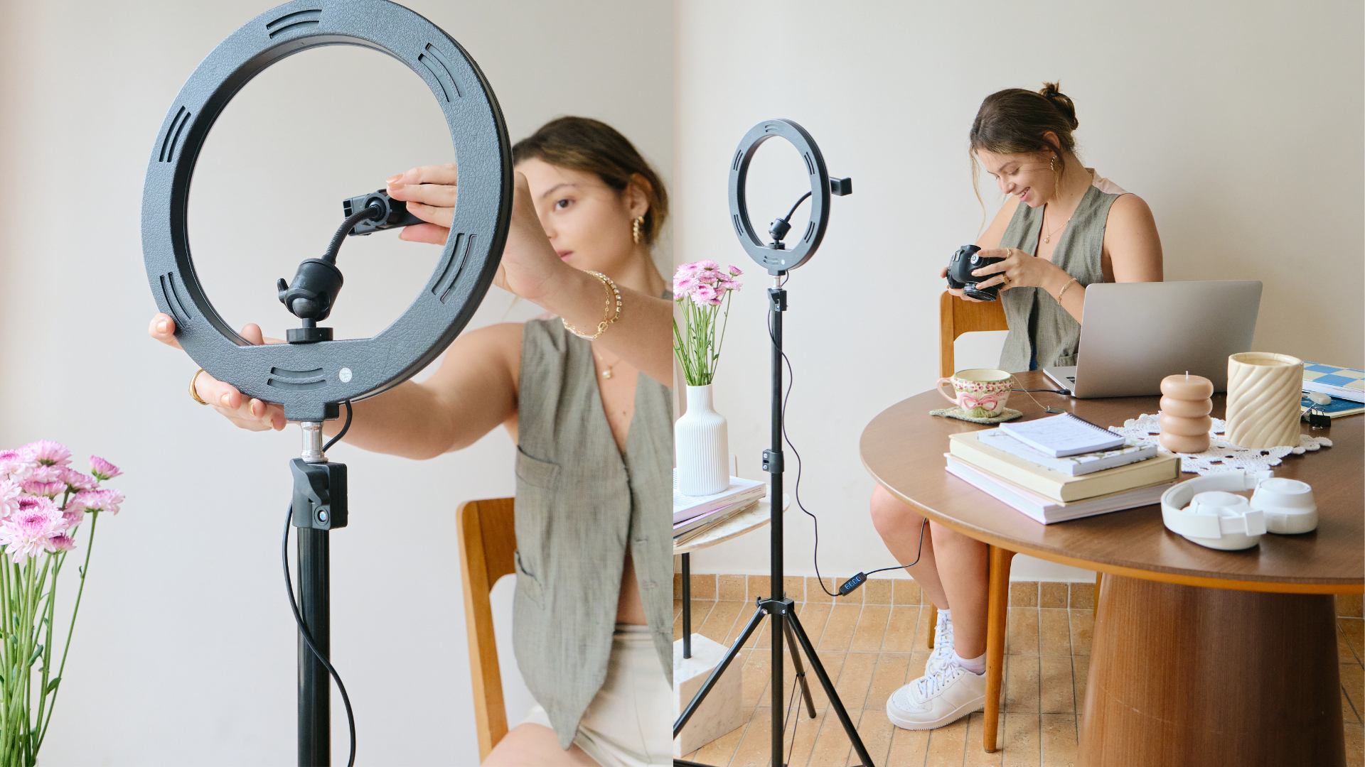 A photographer using a tripod to capture a well-lit interior shot.