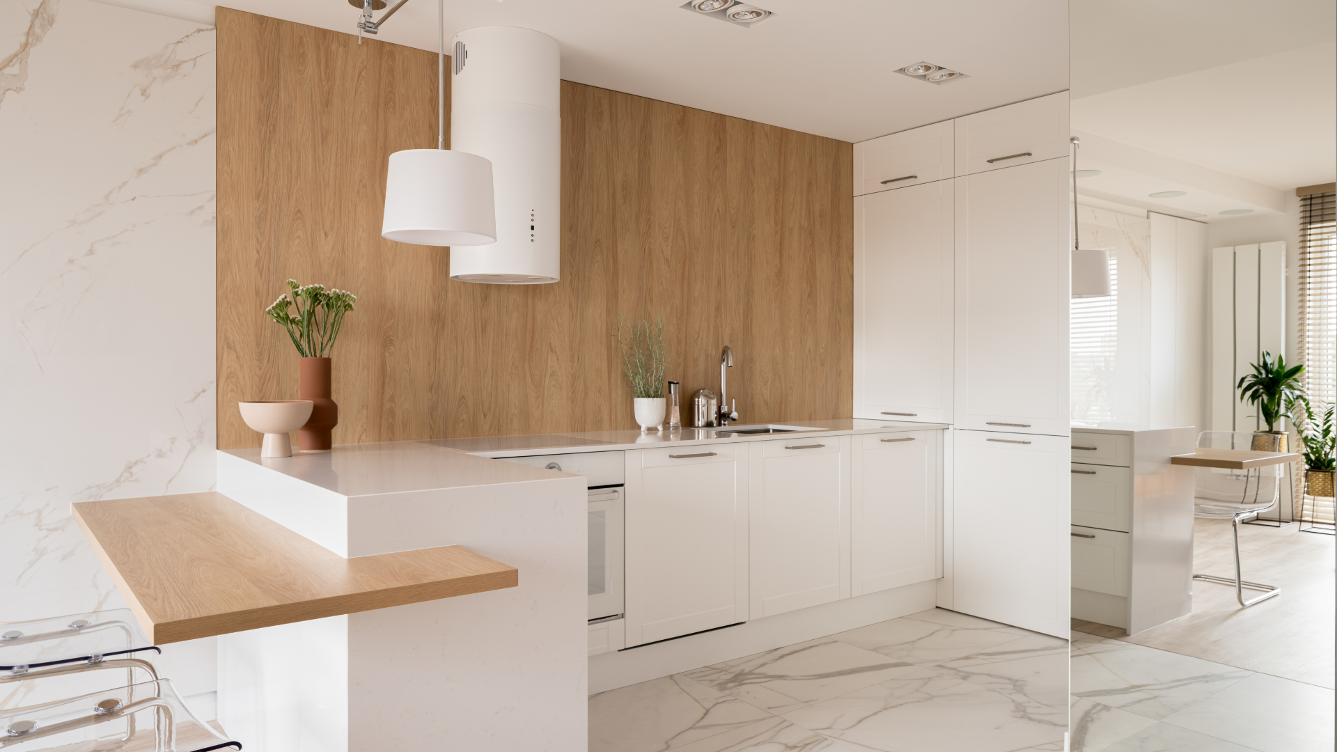 A spacious and uncluttered kitchen area, free from personal items, ideal for various shoot styles.