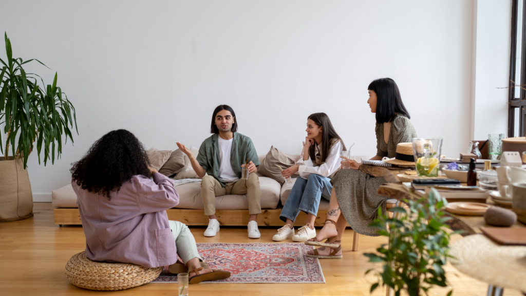 A well-furnished lounge area with plush seating for the photoshoot crew.