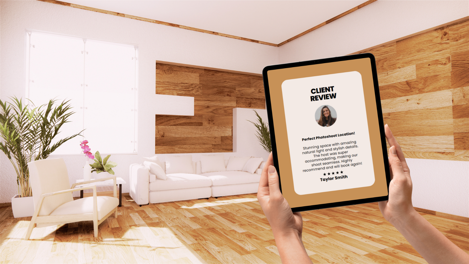 A person reading positive client reviews on a tablet.