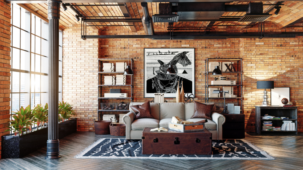 An industrial-style loft with exposed brick walls and metal furnishings.