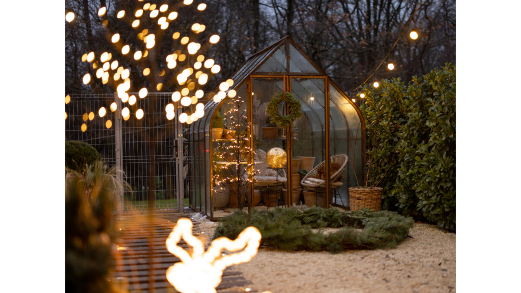 String lights and lanterns creating a warm, inviting atmosphere in an outdoor shoot location.