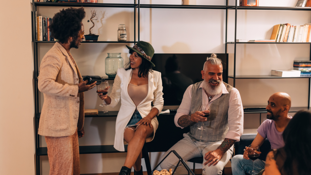 An open house event at a shoot location with guests networking and exploring the space.