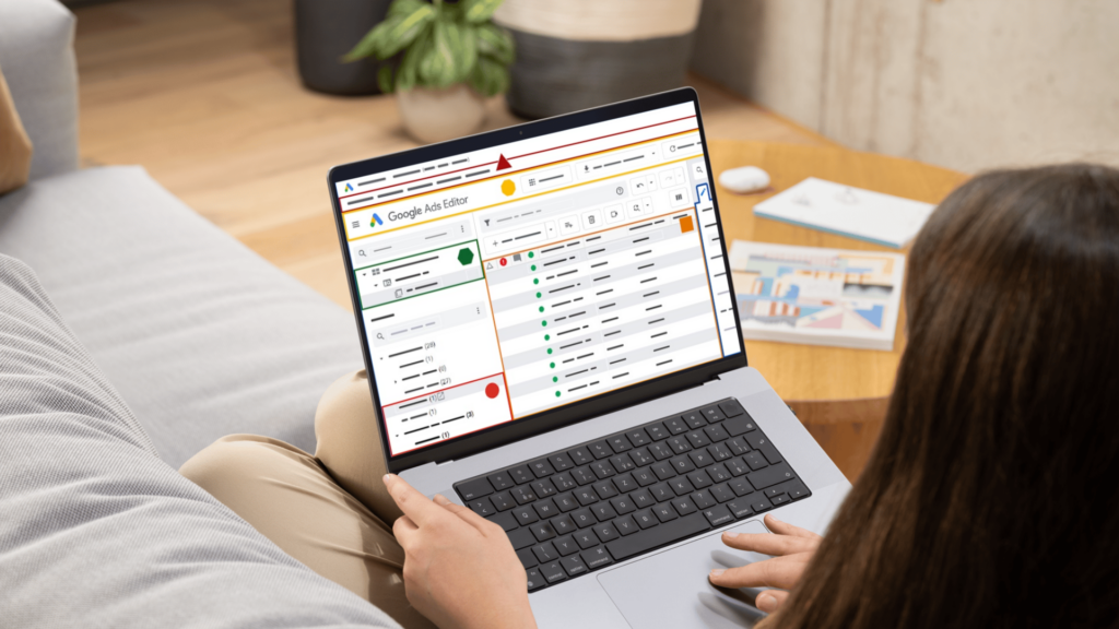 Woman working on Google Ads campaign on her laptop, optimizing ad settings to reach a targeted audience online.